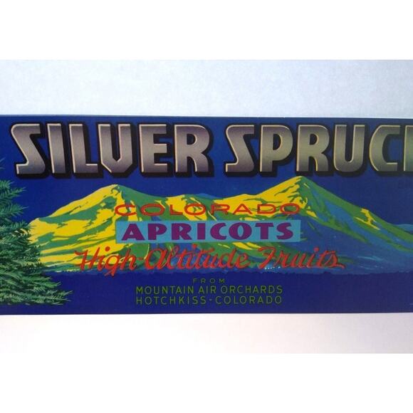 Silver Spruce Tree Colorado Mountains Apricots Fruit Crate Label 1950's - Picture 2 of 4
